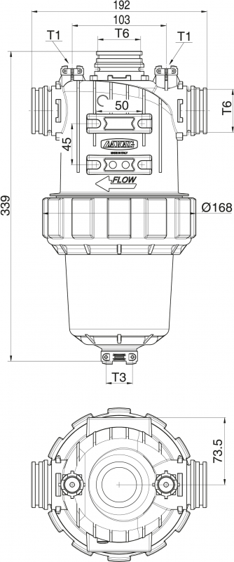Arag Druckfilter Serie 330 mit T6-Anschluss und Zulauf oben