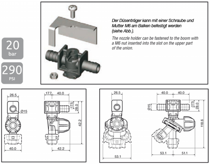 Arag nozzle holder schema and dimensioning